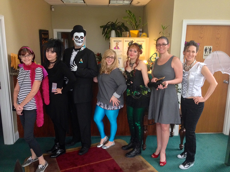 Pictured from left: Fairy Princess, Lydia Deetz from Beetlejuice, Day of the Dead man, Finals Week Barbie, Absinthe Fairy, Schoolteacher with a Secret, and Dead Cat Angel.