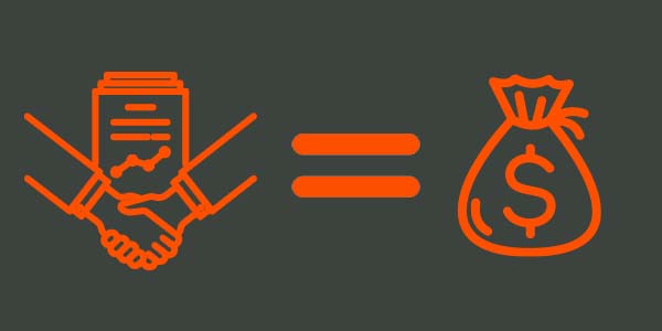 icon of hands shaking with and SOQ behind them, as in closing a construction deal. Then an equals sign and a bag of money icon. The graphic symbolizes that a successful SOQ helps you close the deal and make the contractor more money for the project